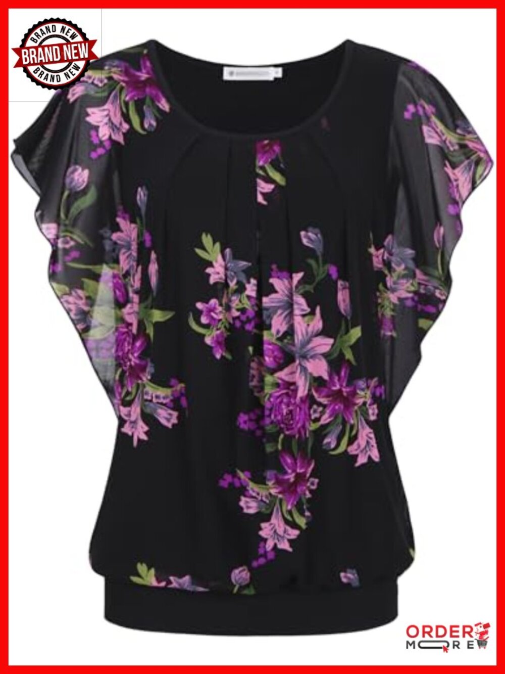 Pleated Front Mesh Blouse Flutter Short Sleeve Dressy Casual Crewneck